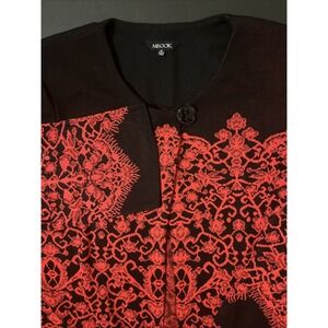 Misook Knit Black Red Woven Lace Pattern Open Front One Button Jacket Topper 1XL